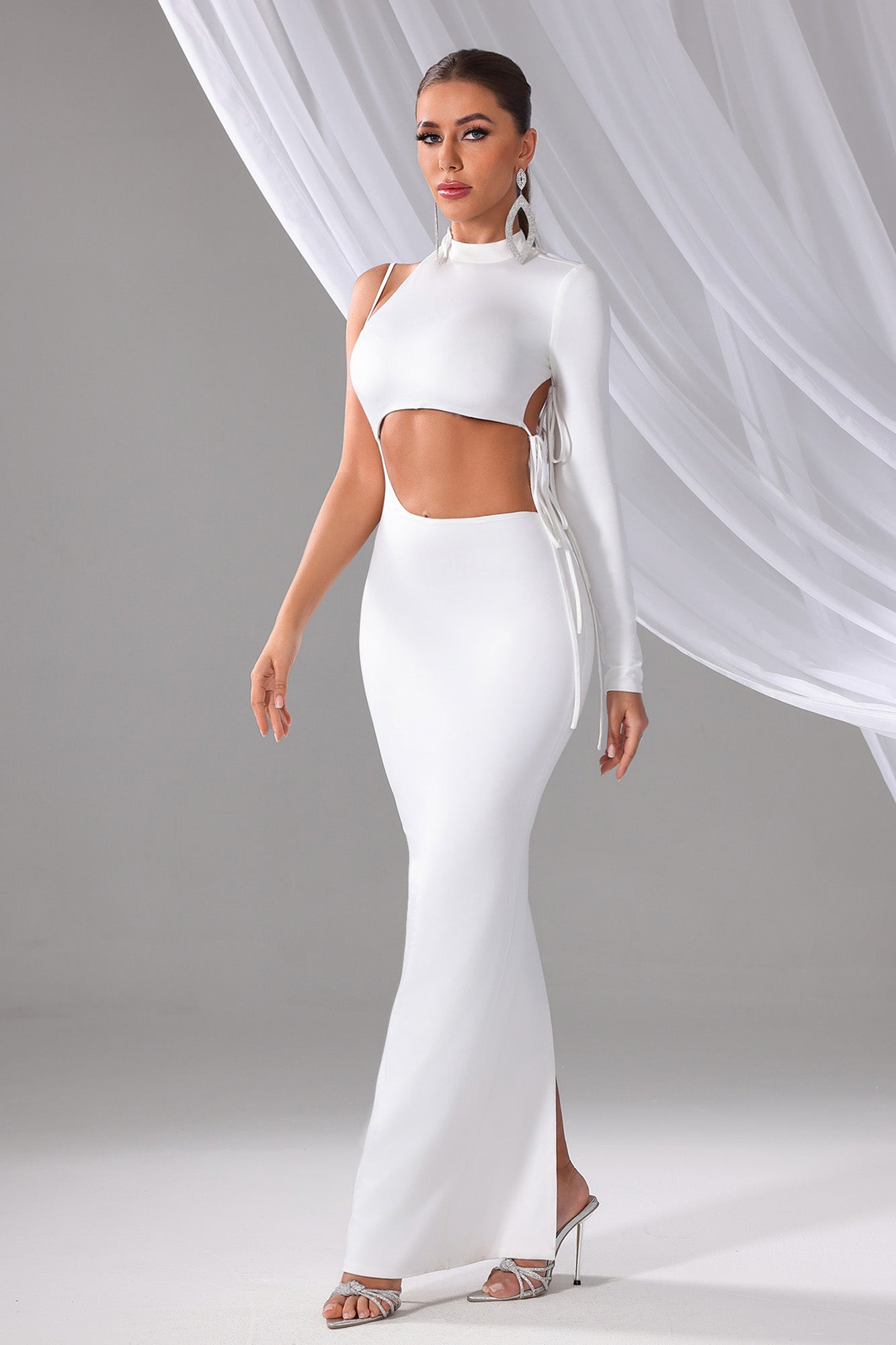 Elegant Sexy White Party Dress - Backless Draped Neck Gown