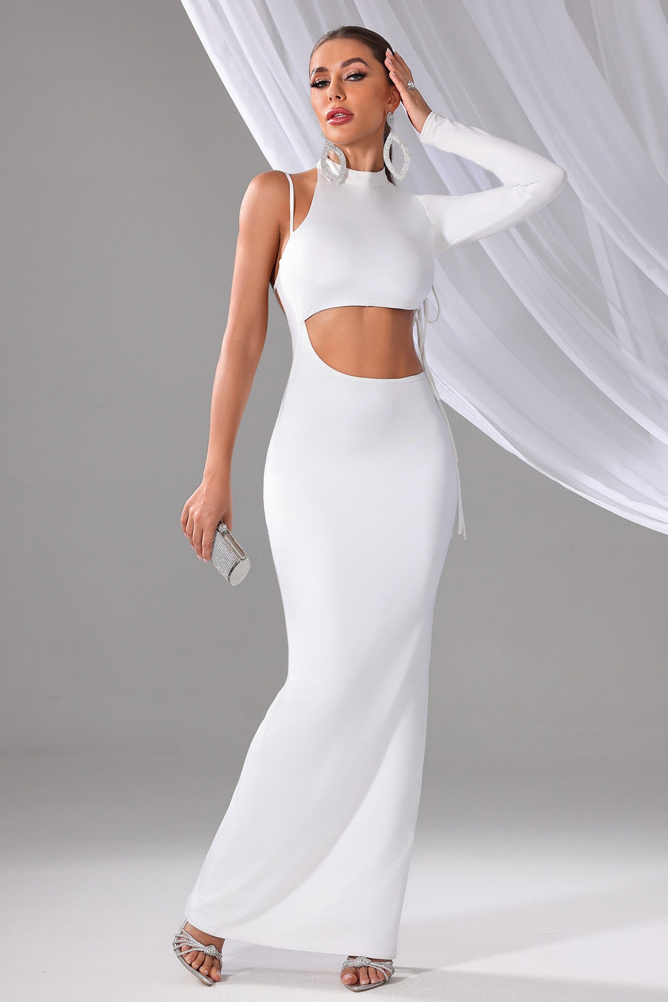 Elegant Sexy White Party Dress - Backless Draped Neck Gown