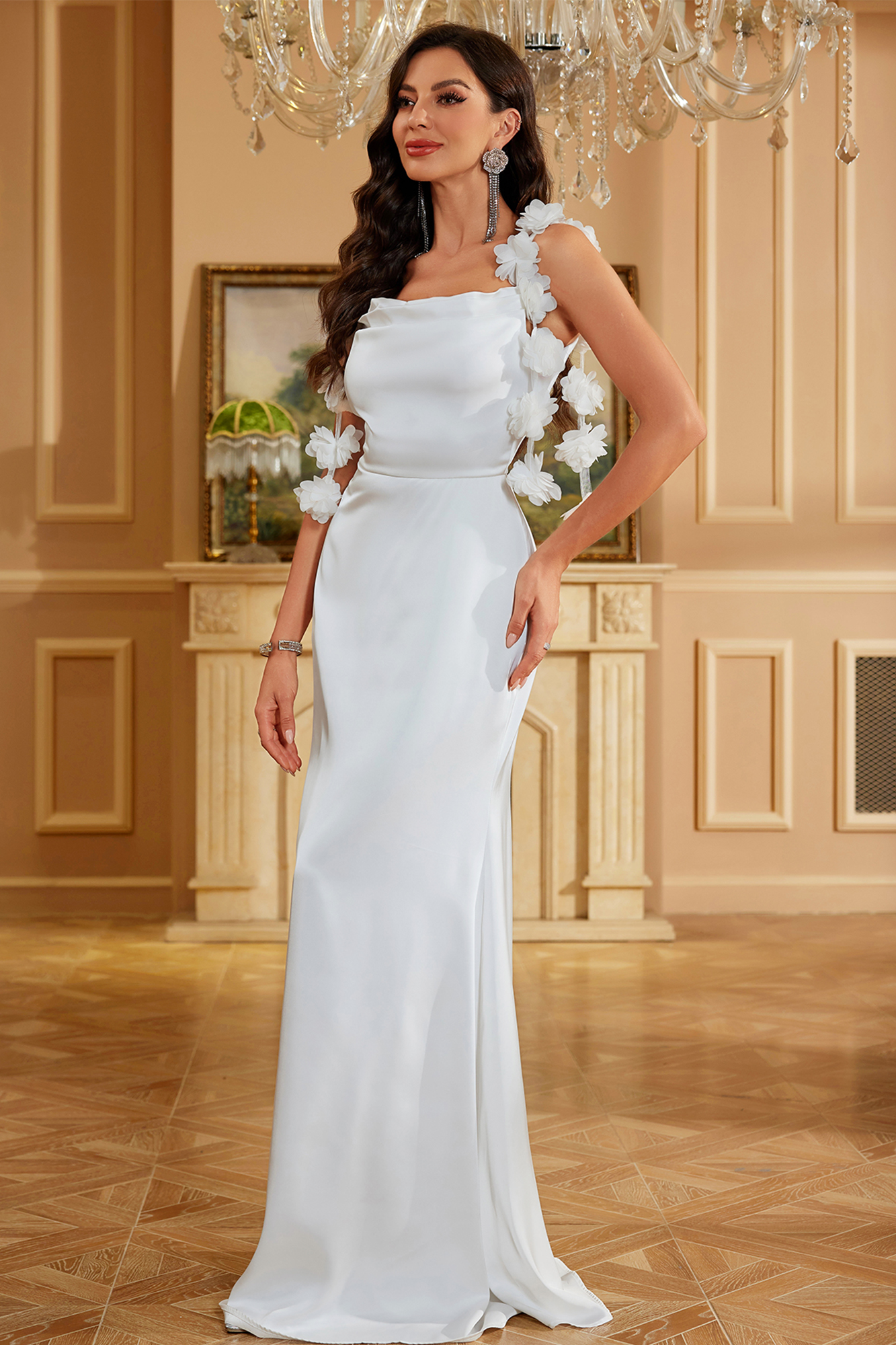 Elegant White Floral-Embellished Satin Evening Gown