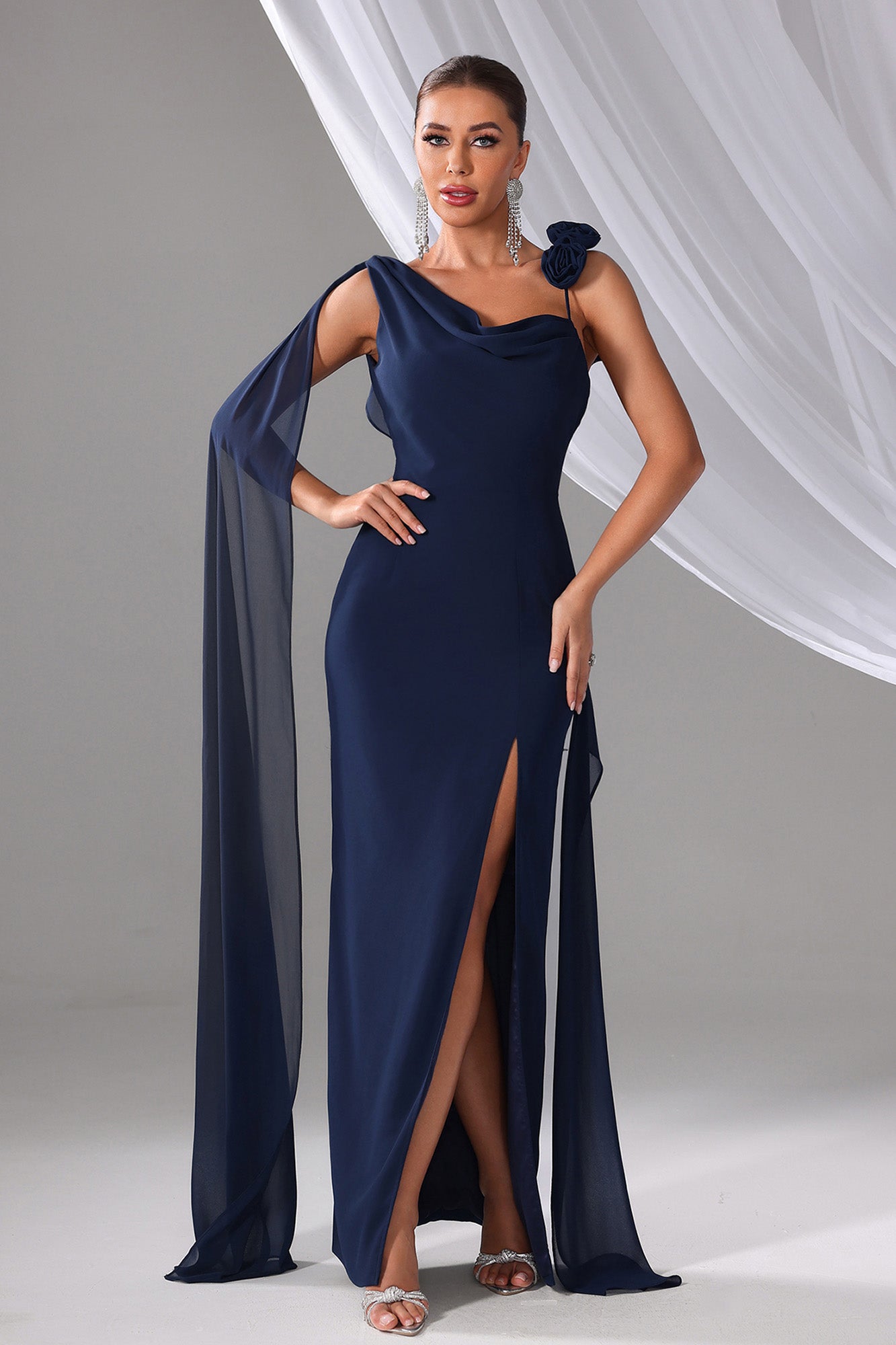 Navy Blue Evening Gown - Sexy One-Shoulder Dress